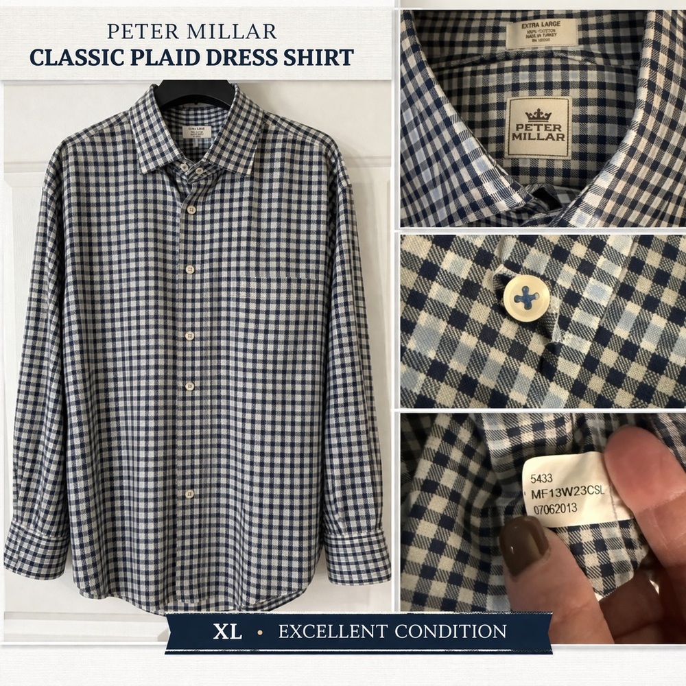 Peter Millar Plaid Button Down Shirt XL Blue Navy Cotton Classic Fit EUC